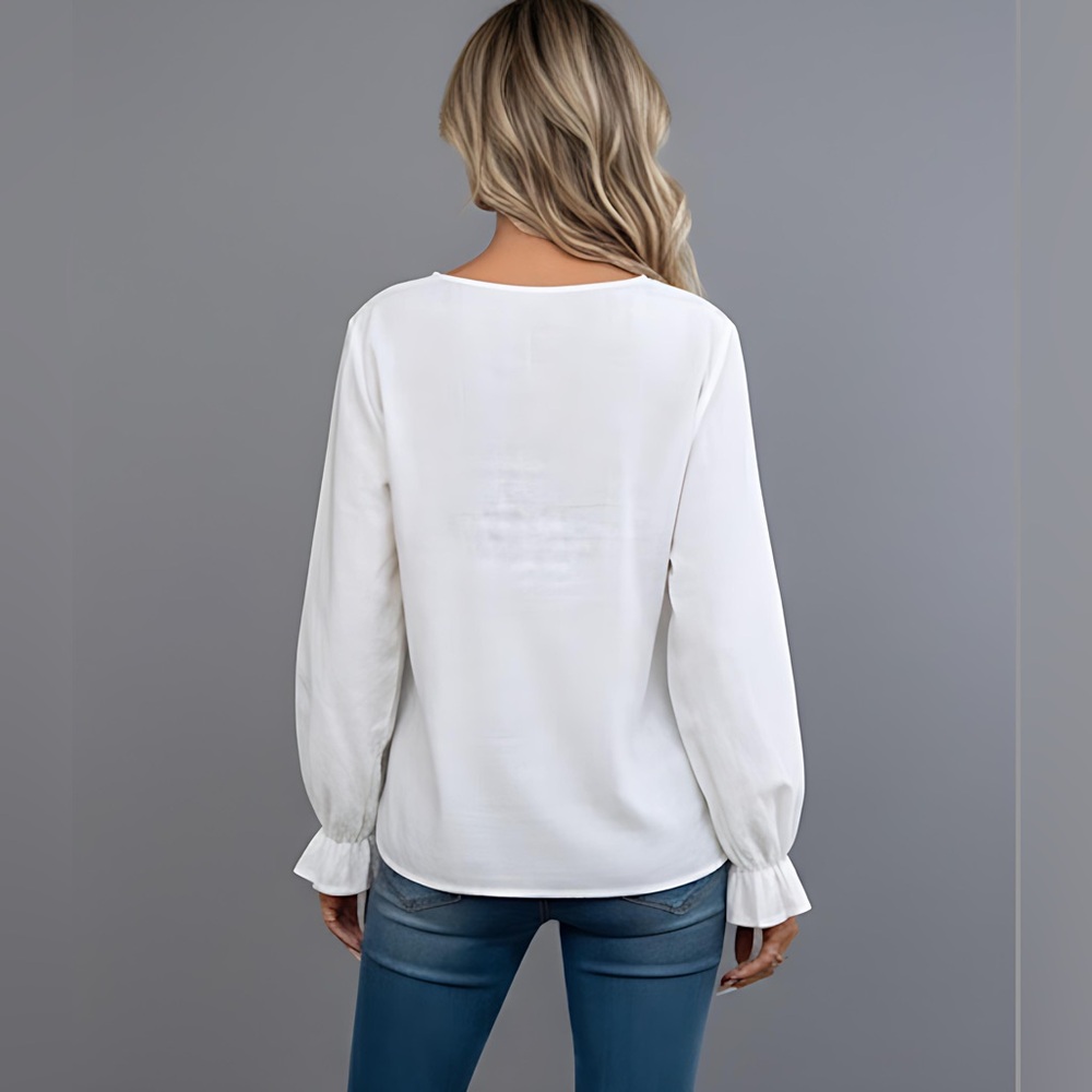 French Guipure Lace Trim Flare Sleeve Peplum Blouse - Picture 4 of 8